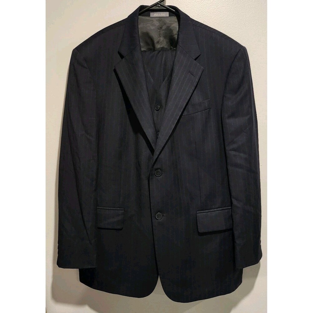Oscar de la Renta Mens 3 Piece Suit 100% Wool Navy Pinstripe 43R 37W